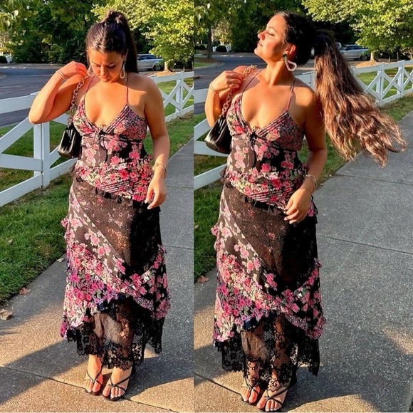 For Love & Lemons Rosalyn Pink Floral Ruffled Bohemian Formal V Neck Maxi Dress - Picture 2 of 15